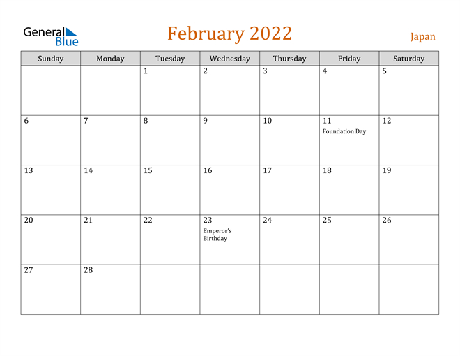 Japan February 2022 Calendar With Holidays