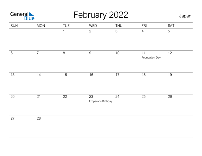 Japan February 2022 Calendar With Holidays