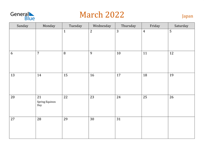 Japan March 2022 Calendar With Holidays