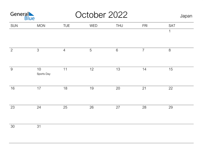 Japan October 2022 Calendar With Holidays