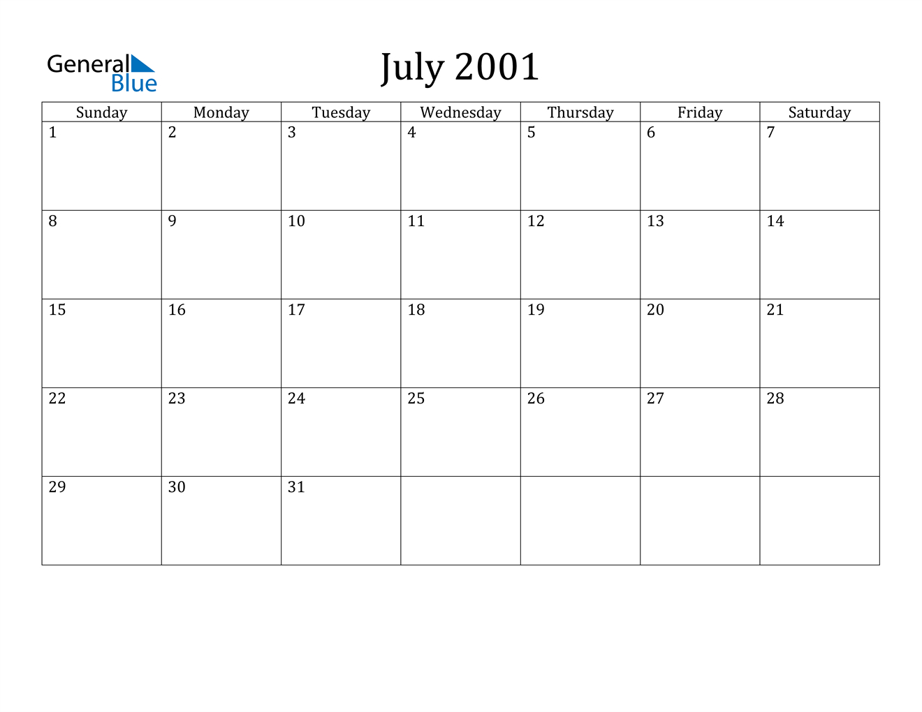 July 2001 Calendar - Pdf Word Excel