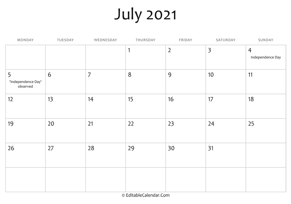 July 2021 Calendar Templates