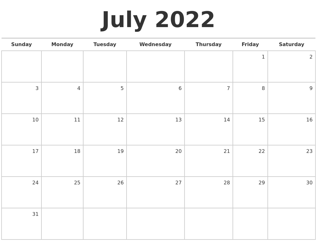 July 2022 Blank Monthly Calendar