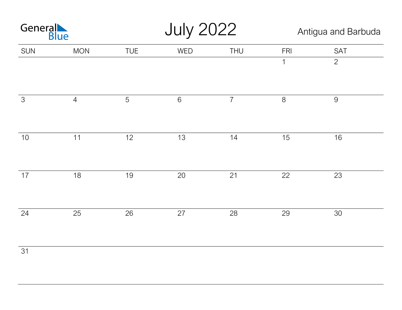 July 2022 Calendar - Antigua And Barbuda