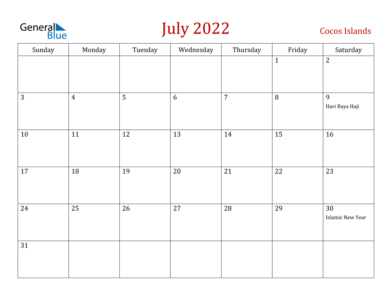 July 2022 Calendar - Cocos Islands