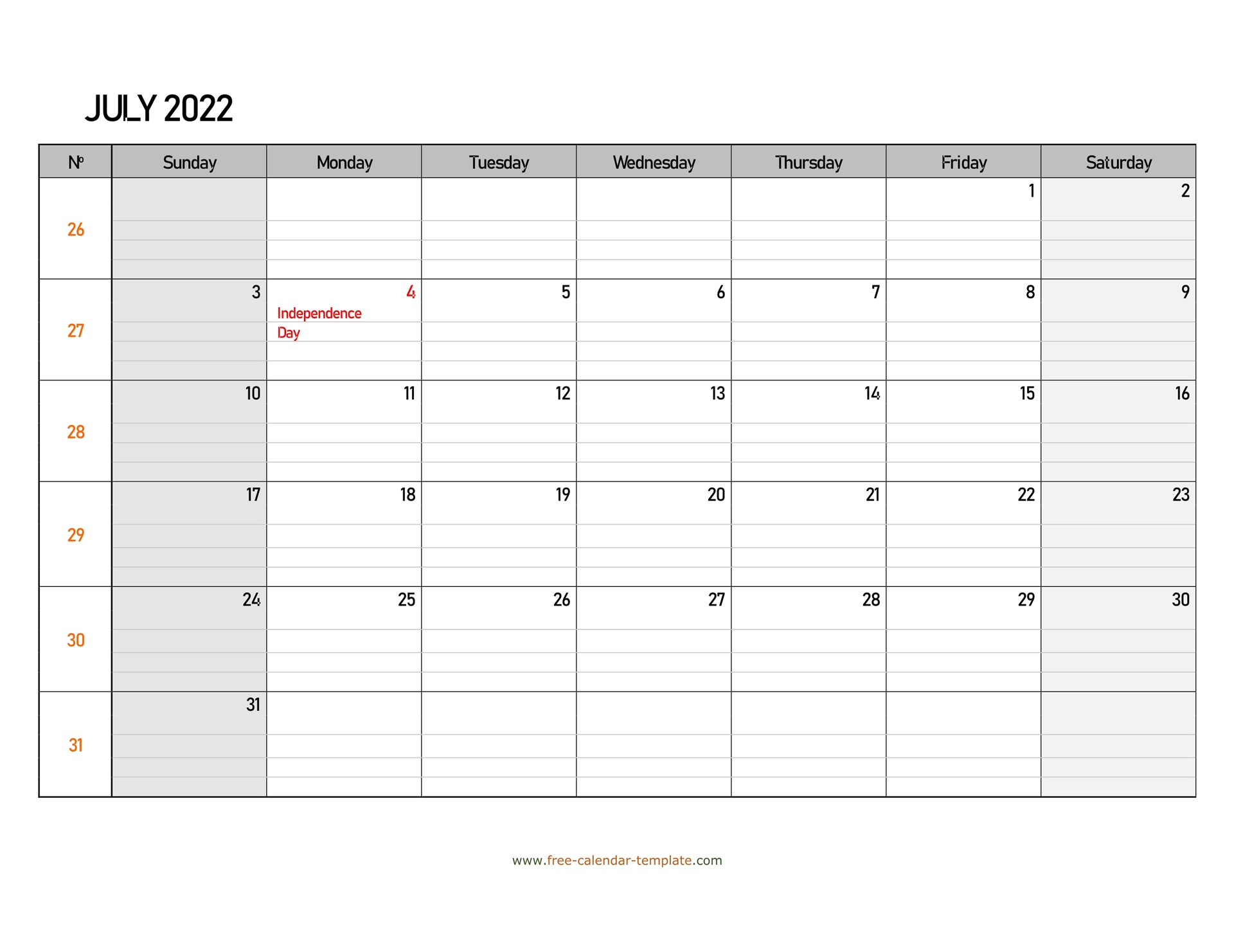 July 2022 Calendar Free Printable With Grid Lines Designed