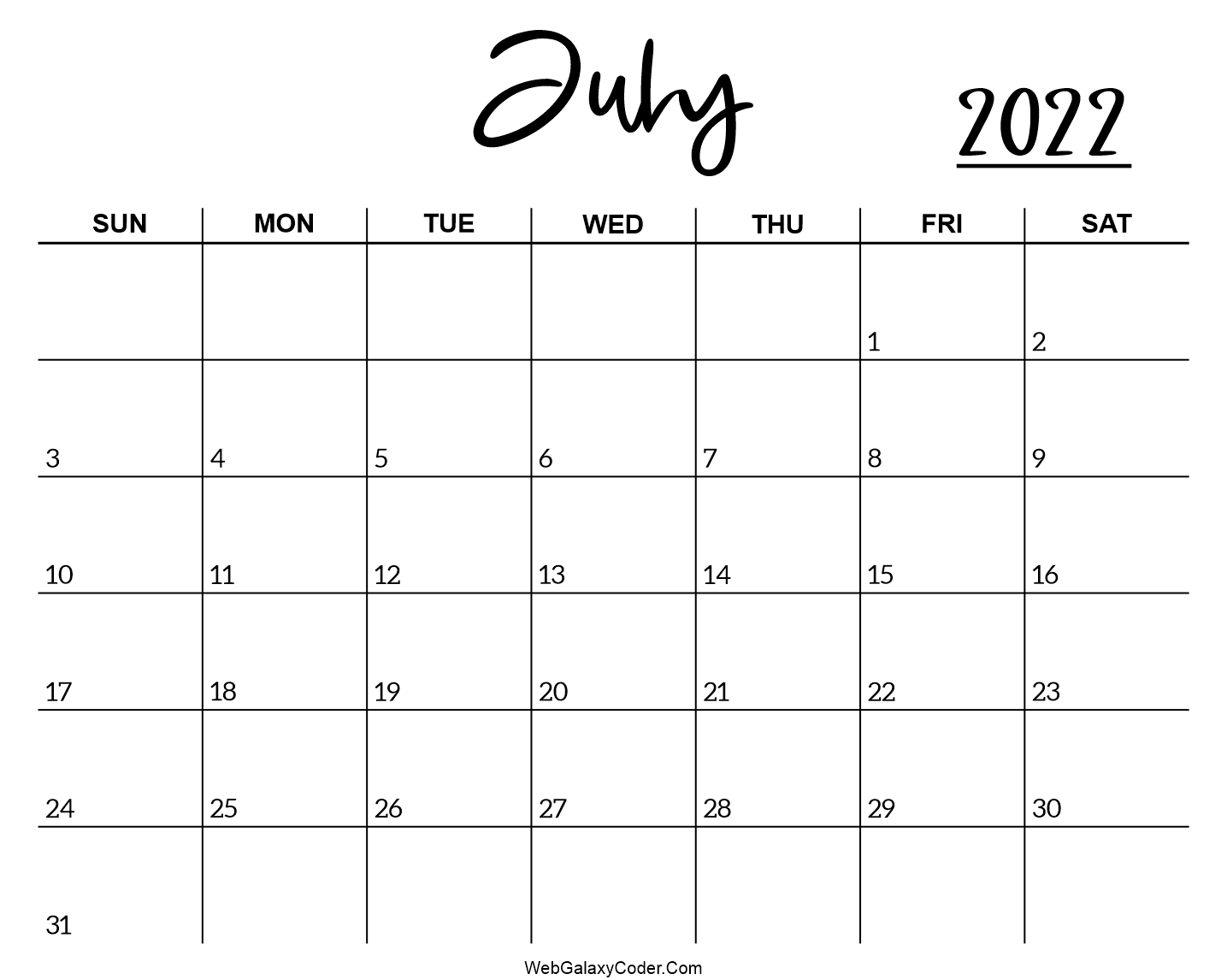 July 2022 Calendar- Printable Format - Print Now