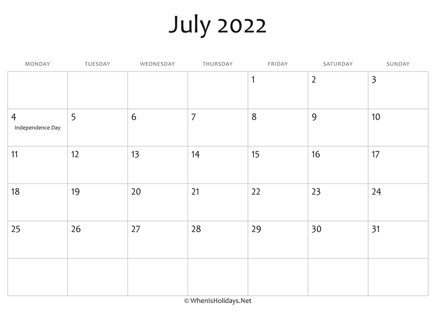 July 2022 Calendar Printable With Holidays