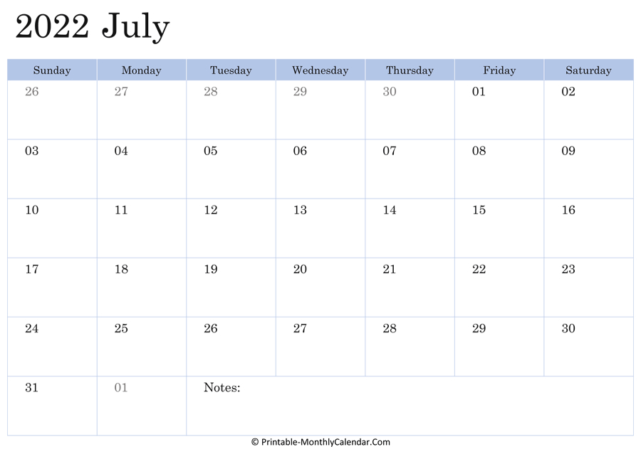 July 2022 Calendar Printable With Holidays