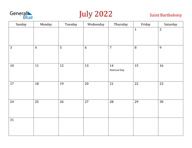 July 2022 Calendar - Saint Barthelemy