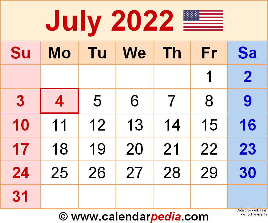 July 2022 Calendar | Templates For Word, Excel And Pdf