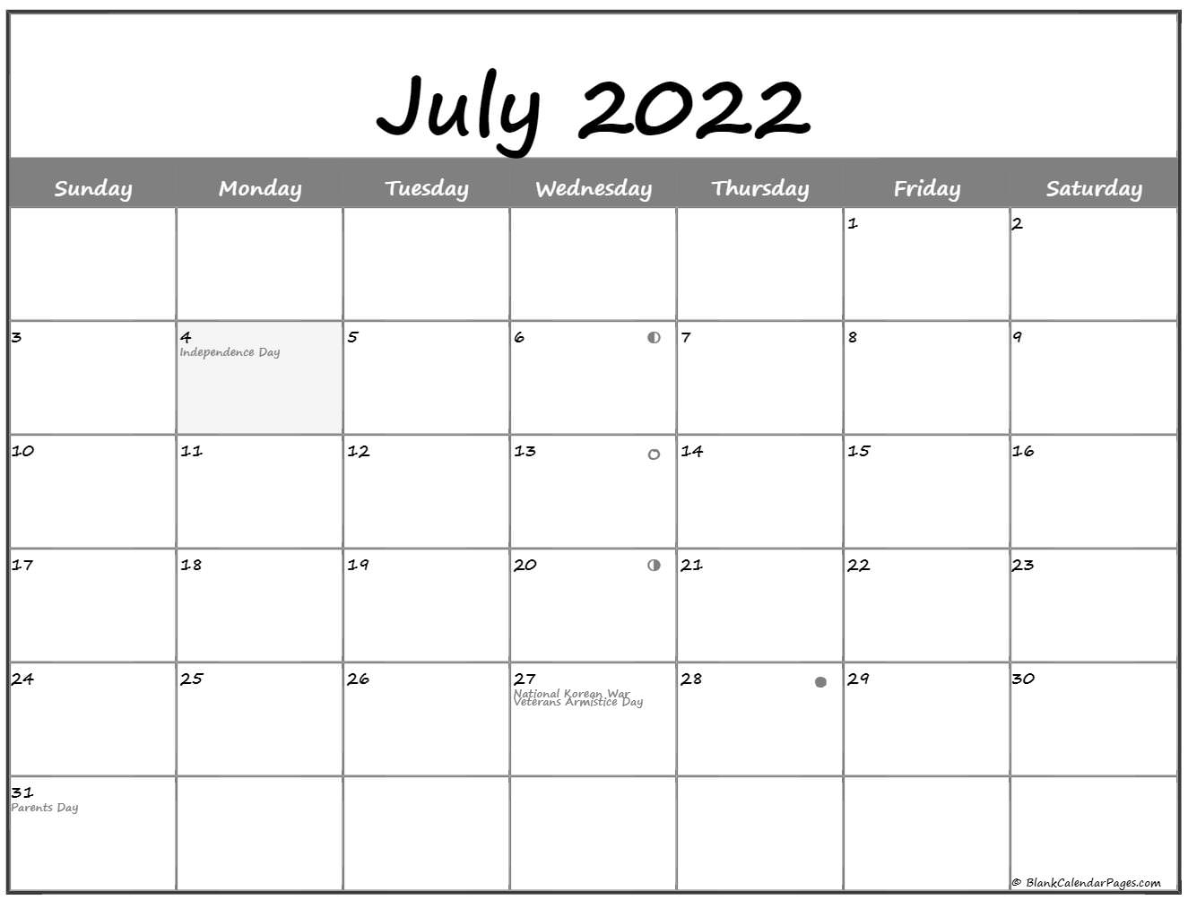 July 2022 Lunar Calendar | Moon Phase Calendar