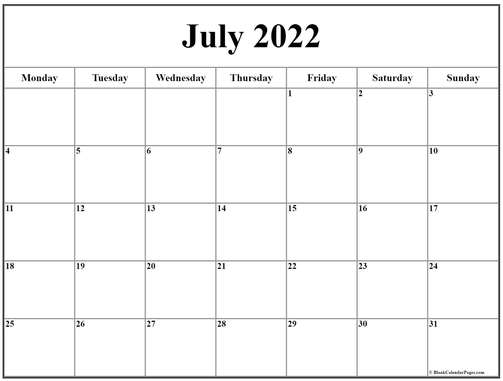 July 2022 Monday Calendar | Monday To Sunday