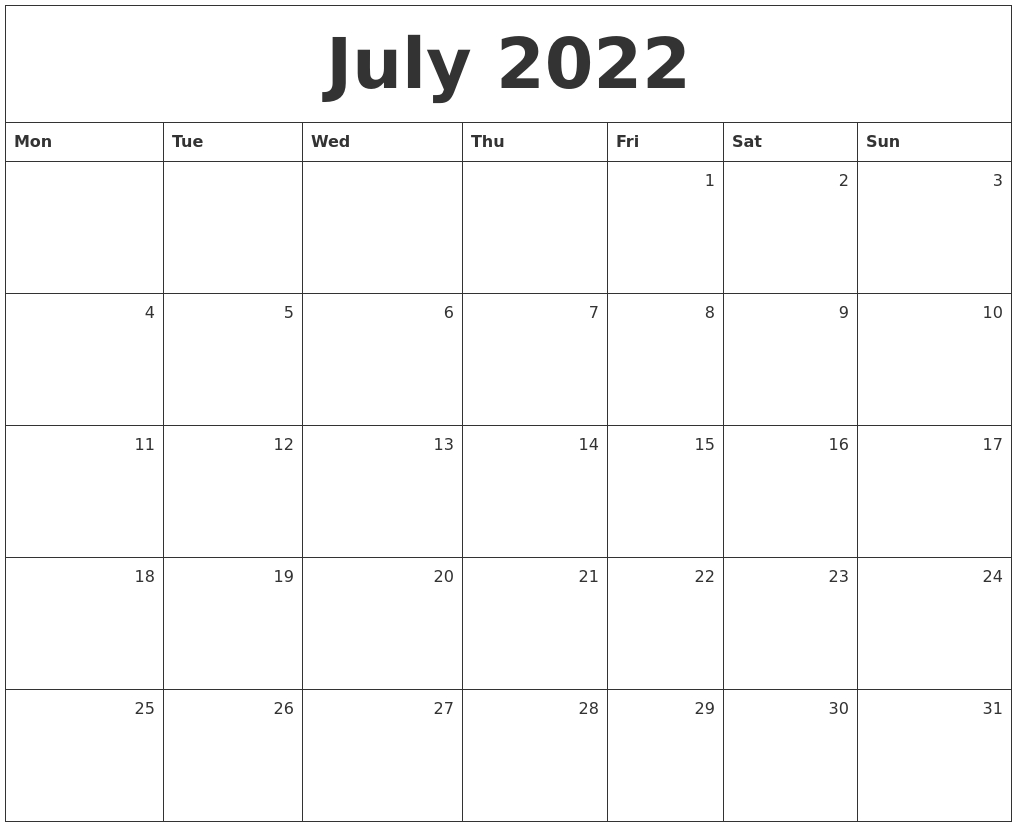 July 2022 Monthly Calendar