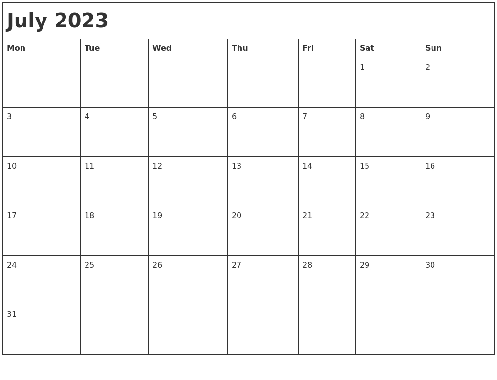 July 2023 Month Calendar