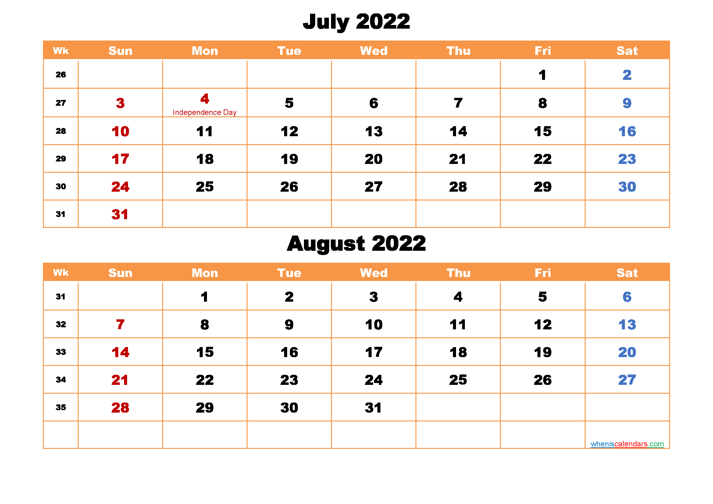 July And August Calendar 2022 Printable Word, Pdf | Free