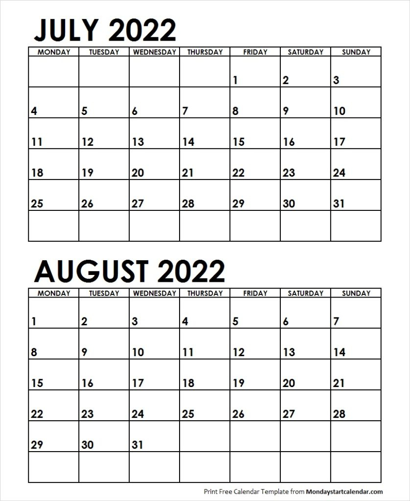 July August 2022 Calendar Monday Start | Editable Two