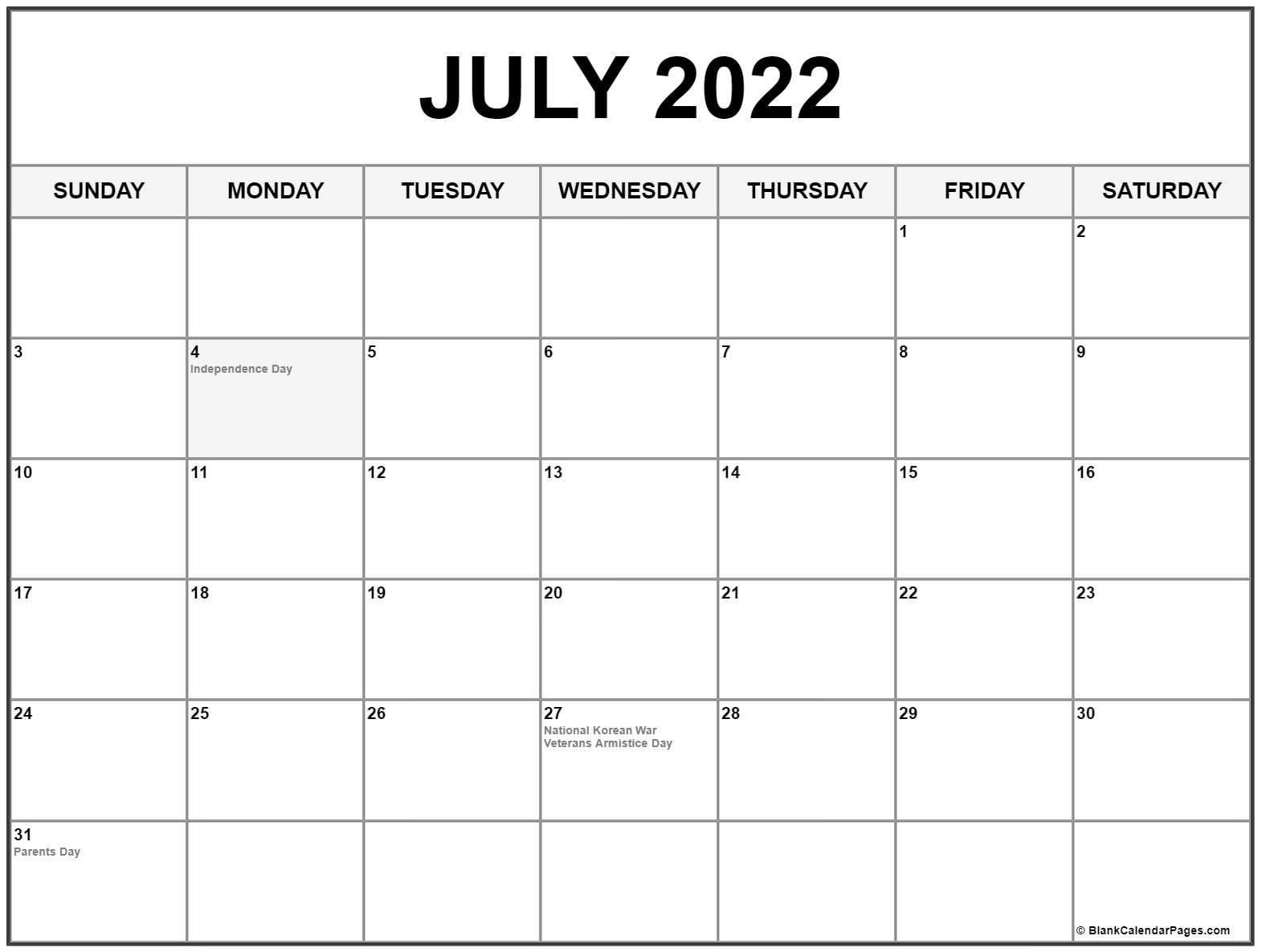 July Calendar 2022 With Holidays - August Calendar 2022