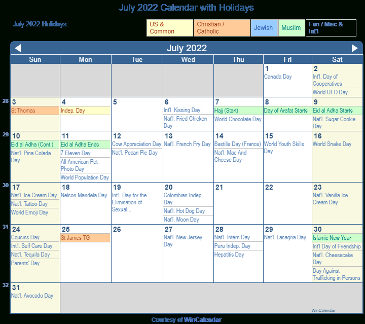 July Calendar 2022 With Holidays - August Calendar 2022