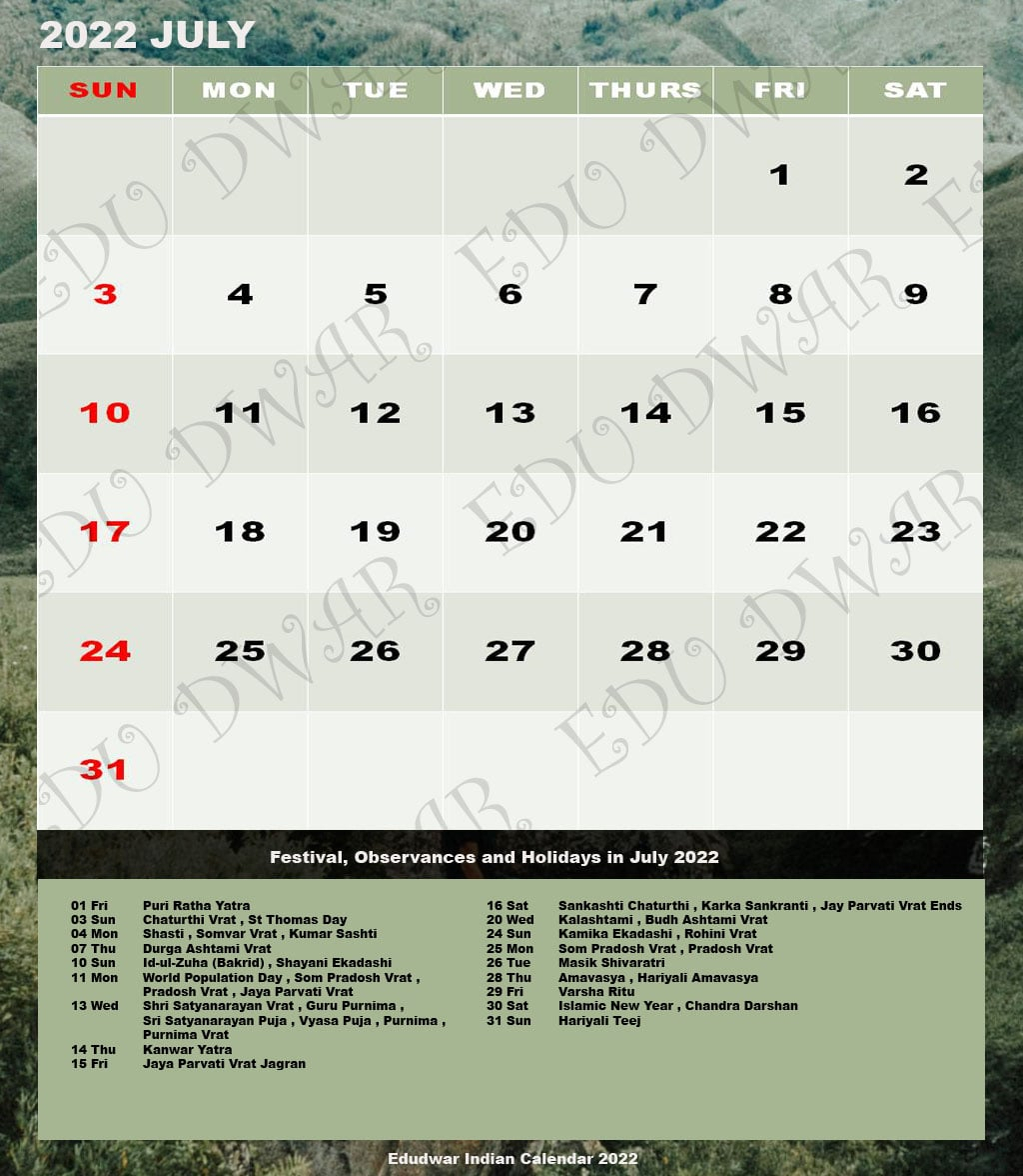 July Calendar Kannada 2022 [Doc 14Mb] - Bella Calendar