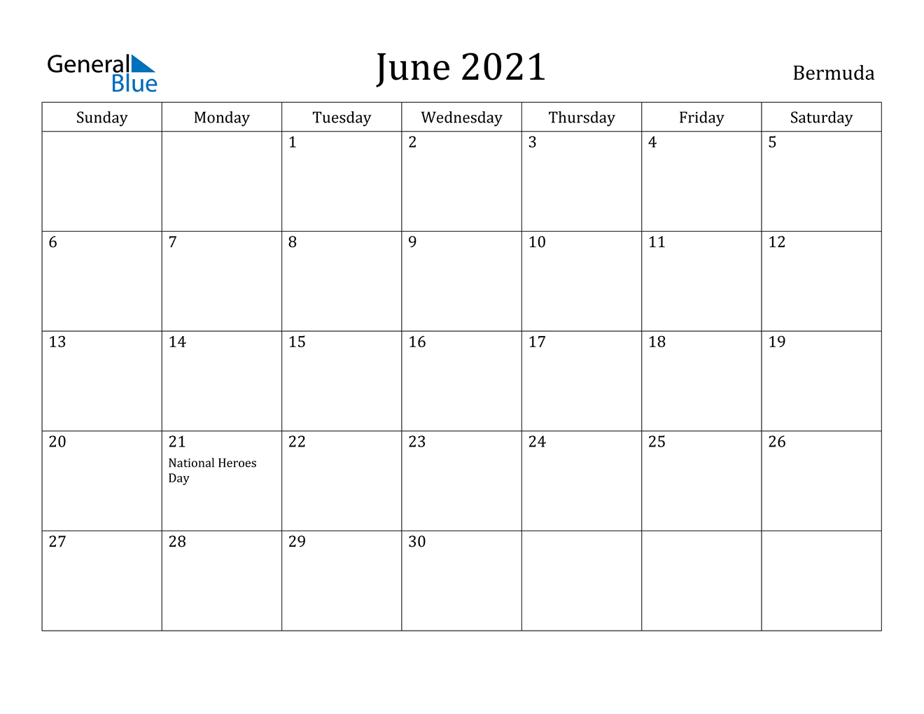 June 2021 Calendar - Bermuda