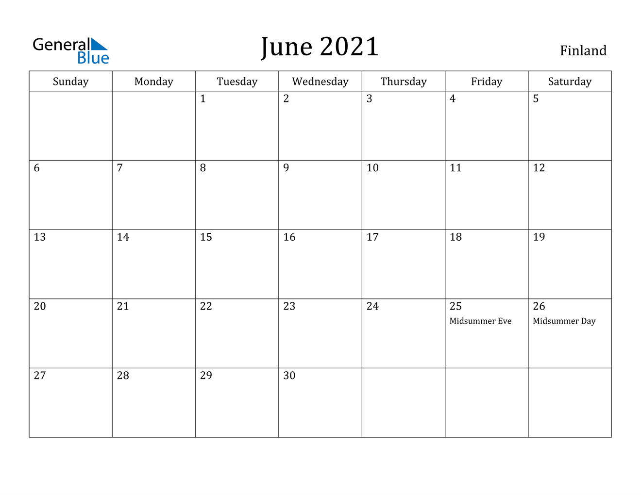 June 2021 Calendar - Finland