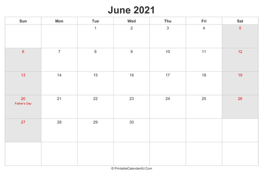 June 2021 Calendar With Us Holidays Highlighted (Landscape