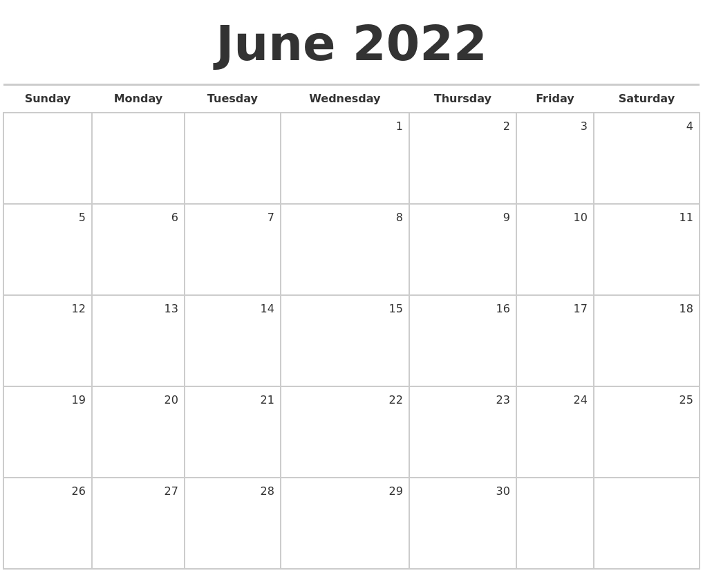 June 2022 Blank Monthly Calendar