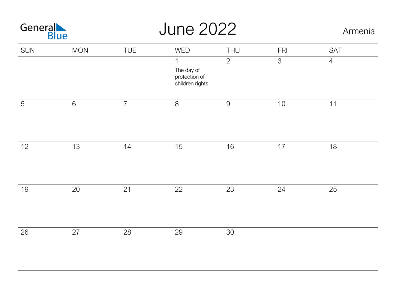 June 2022 Calendar - Armenia