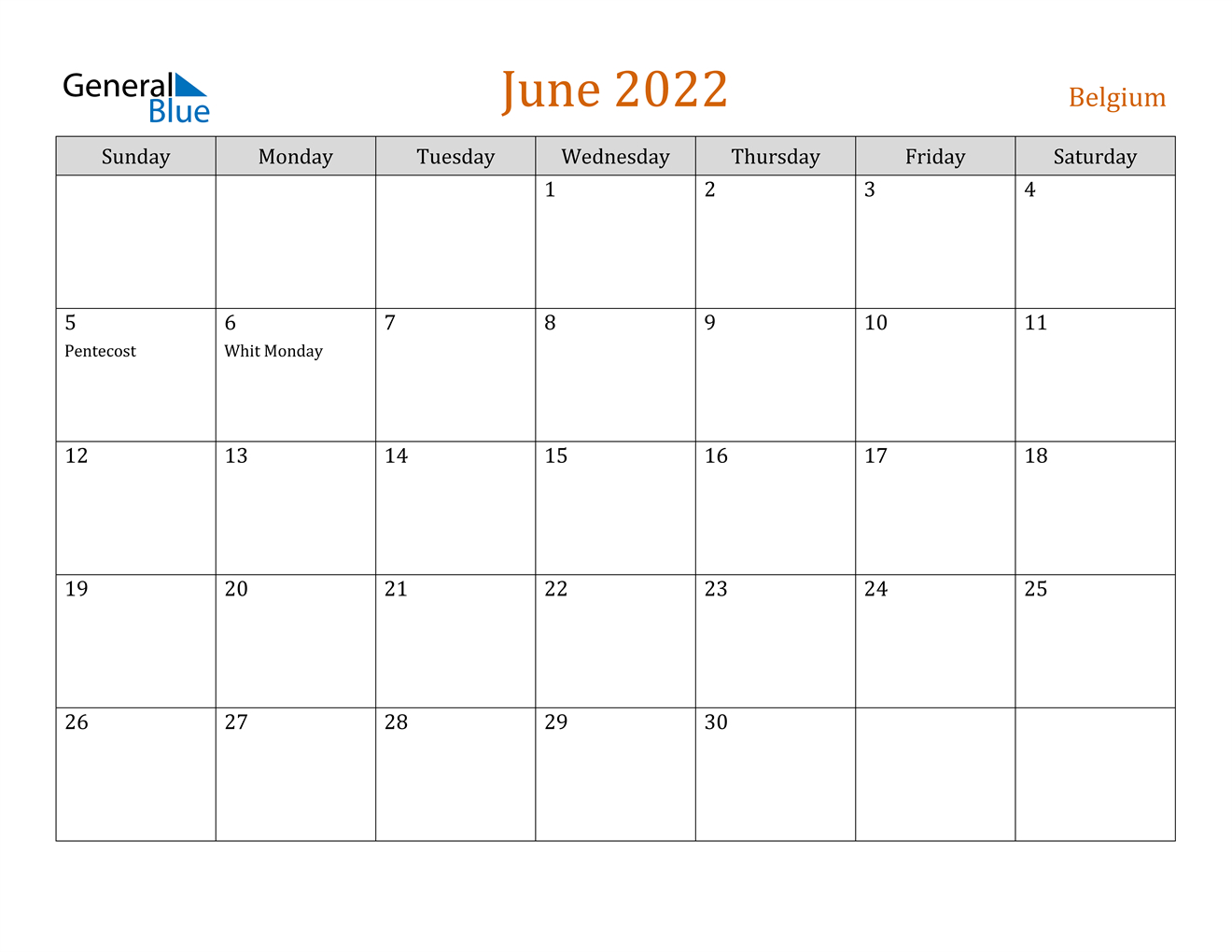 June 2022 Calendar - Belgium