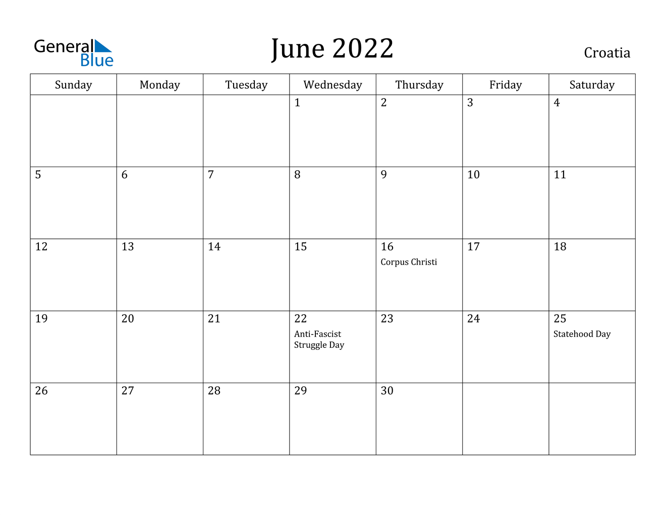 June 2022 Calendar - Croatia