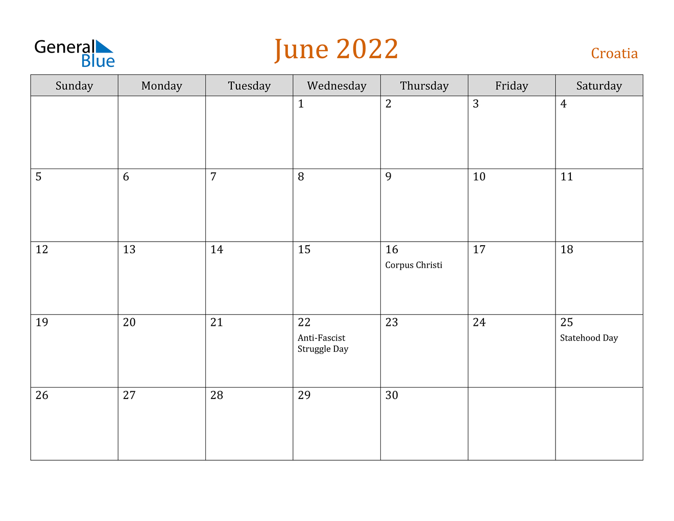 June 2022 Calendar - Croatia