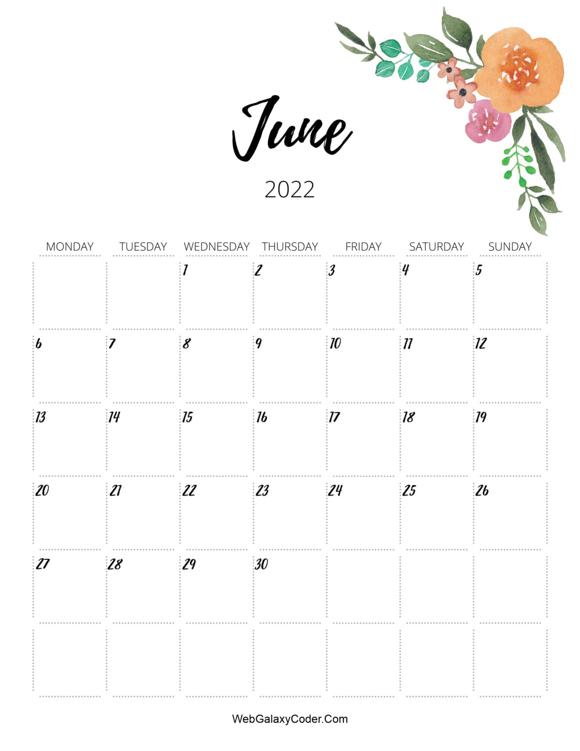 June 2022 Calendar - Cute Format - Print Now