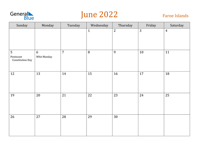 June 2022 Calendar - Faroe Islands
