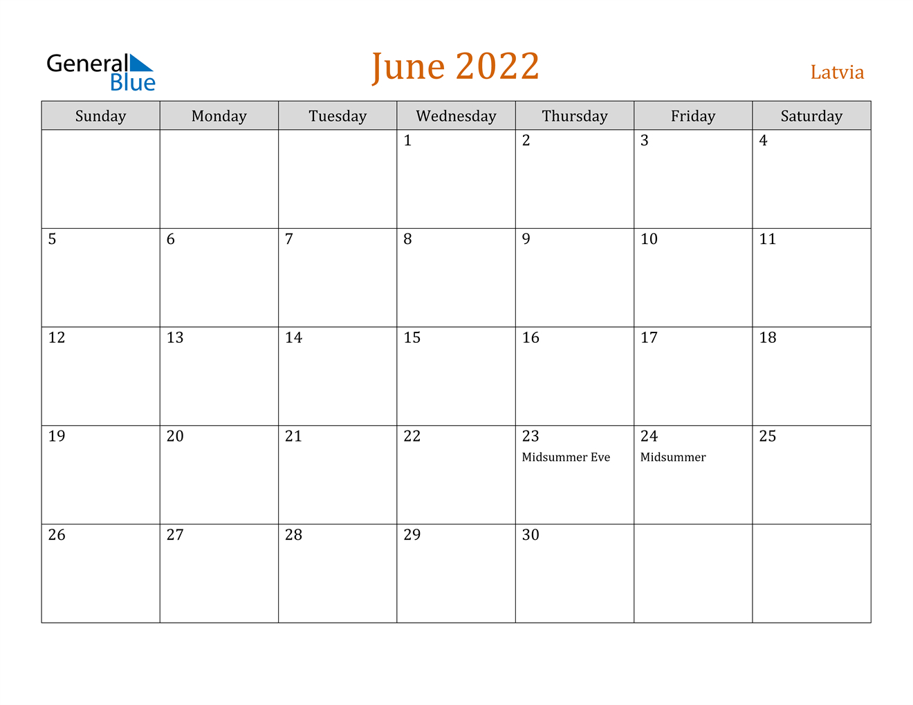 June 2022 Calendar - Latvia