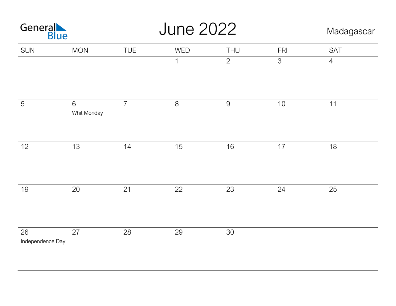 June 2022 Calendar - Madagascar