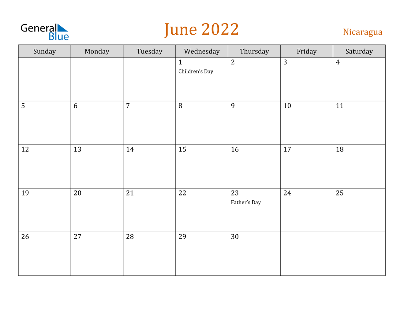 June 2022 Calendar - Nicaragua