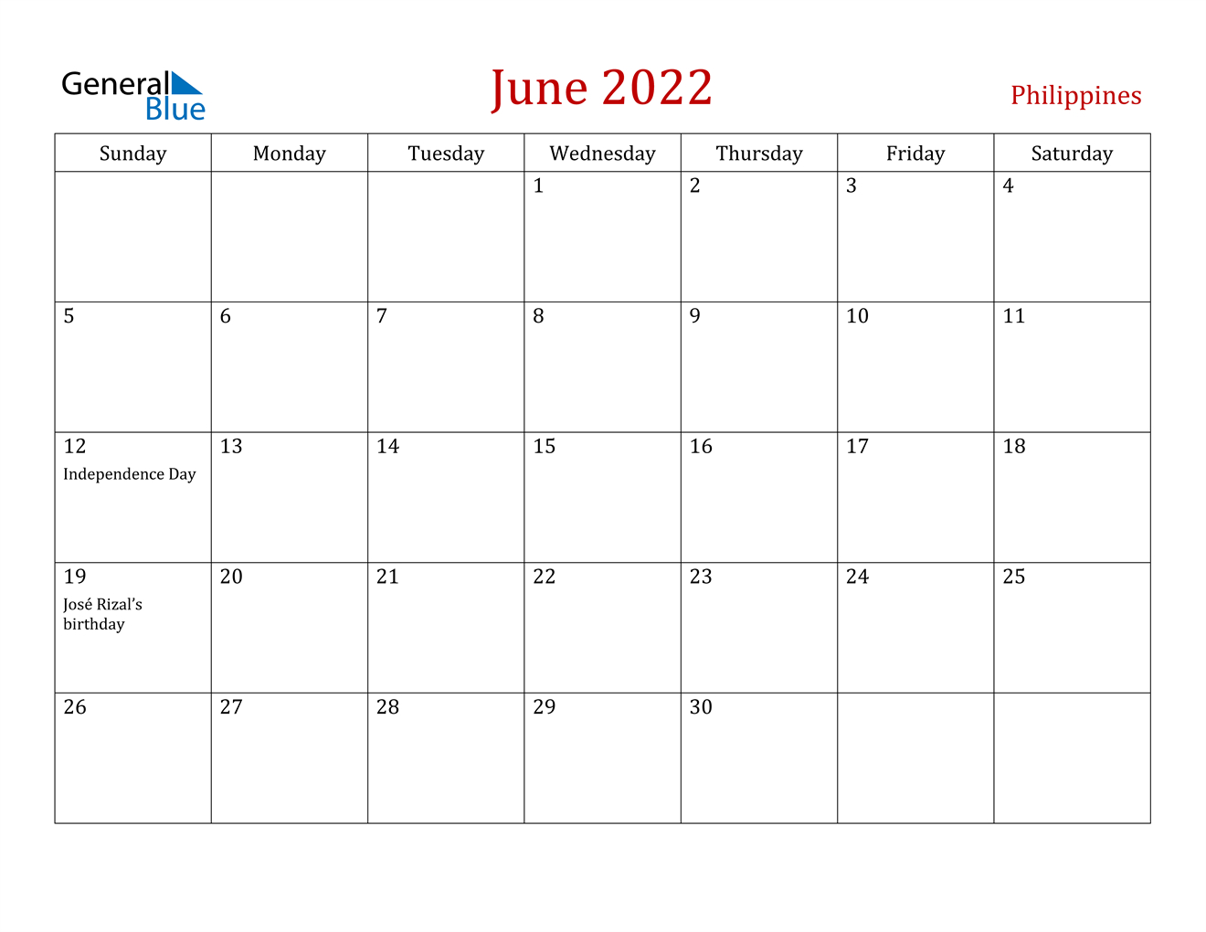 June 2022 Calendar - Philippines