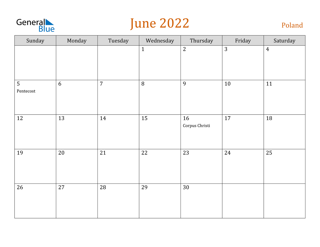 June 2022 Calendar - Poland