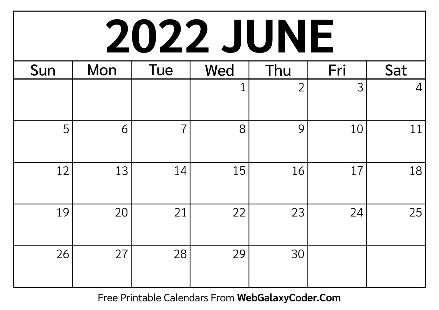 June 2022 Calendar - Printable Format - Print Now