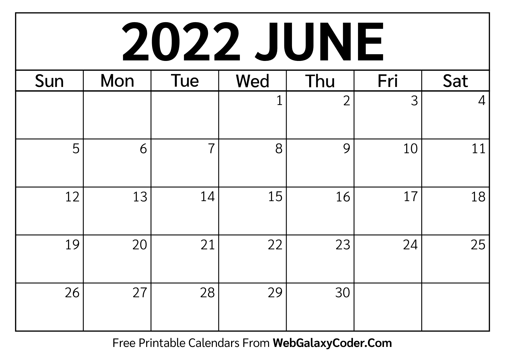 June 2022 Calendar - Printable Format - Print Now