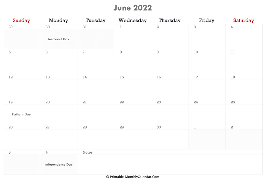 June 2022 Calendar Printable With Holidays