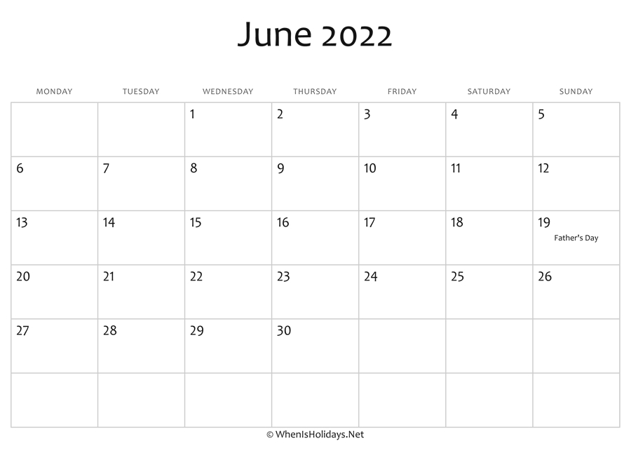 June 2022 Calendar Printable With Holidays