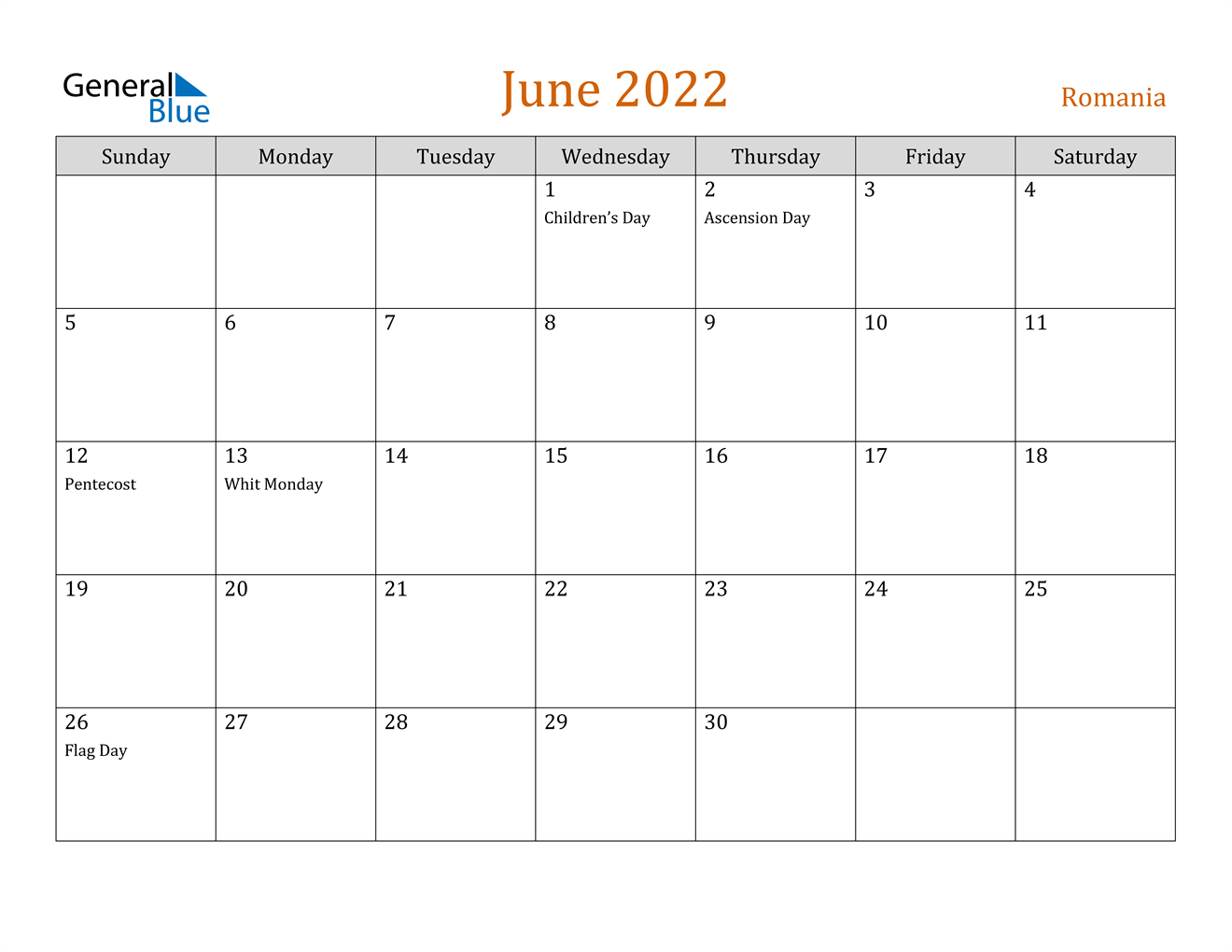 June 2022 Calendar - Romania