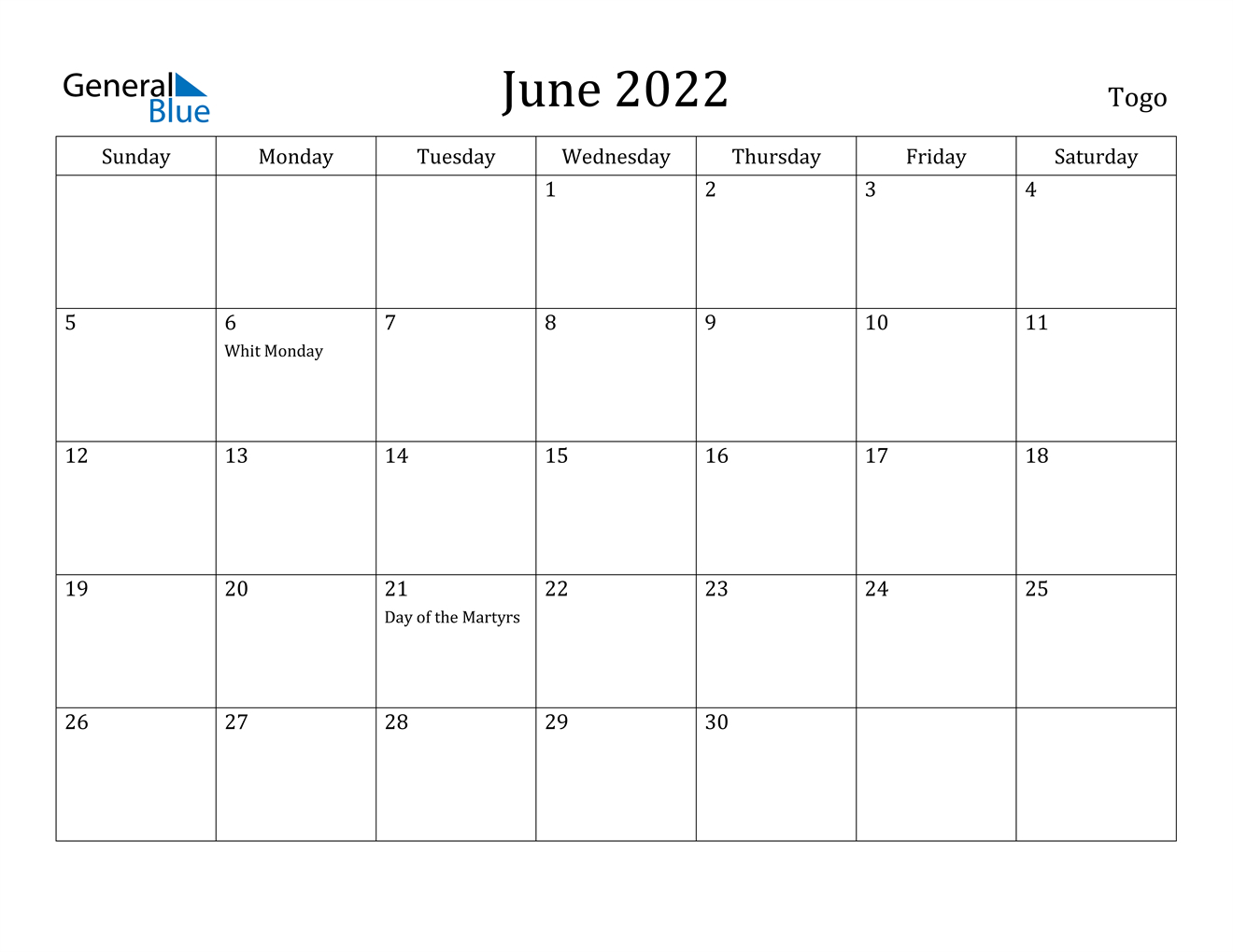 June 2022 Calendar - Togo