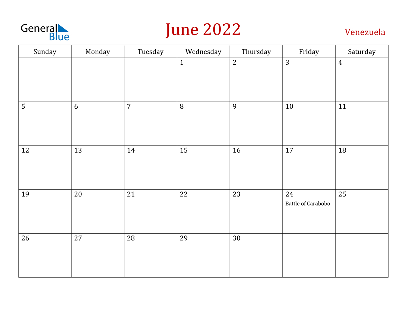June 2022 Calendar - Venezuela
