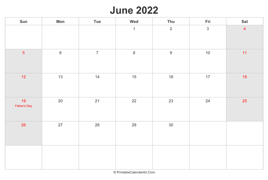 June 2022 Calendar With Us Holidays Highlighted (Landscape Layout)
