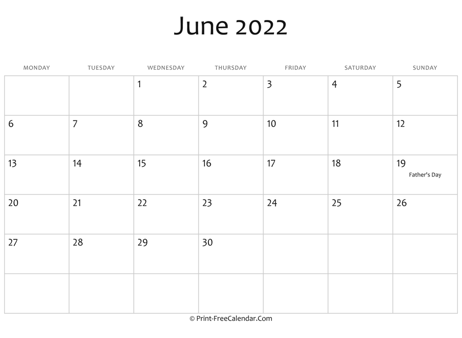 June 2022 Editable Calendar With Holidays