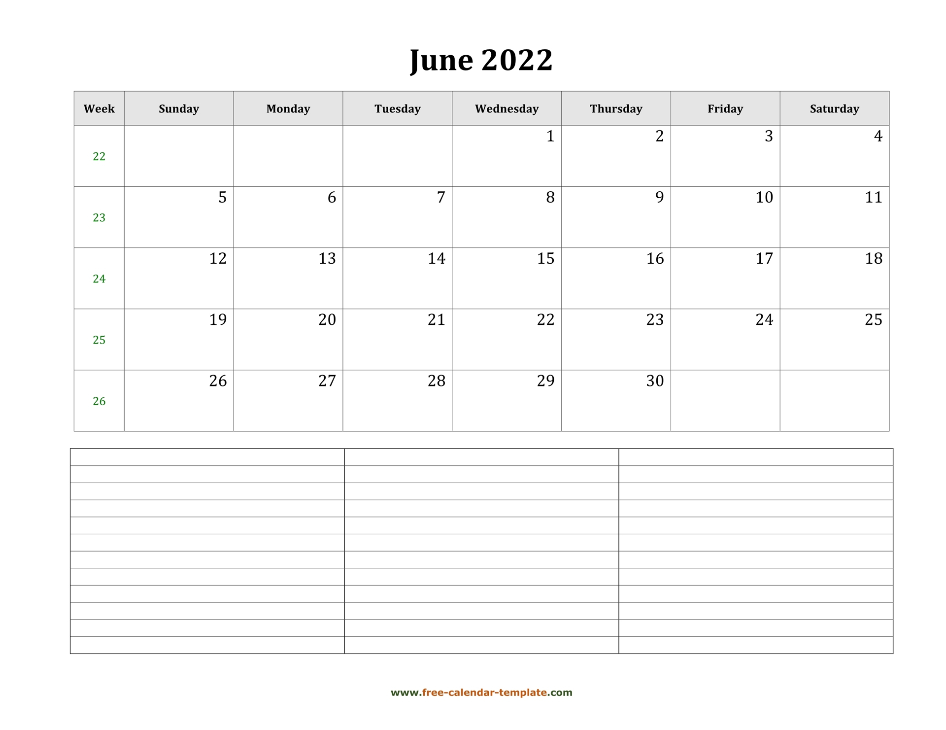 June 2022 Free Calendar Tempplate | Free-Calendar-Template