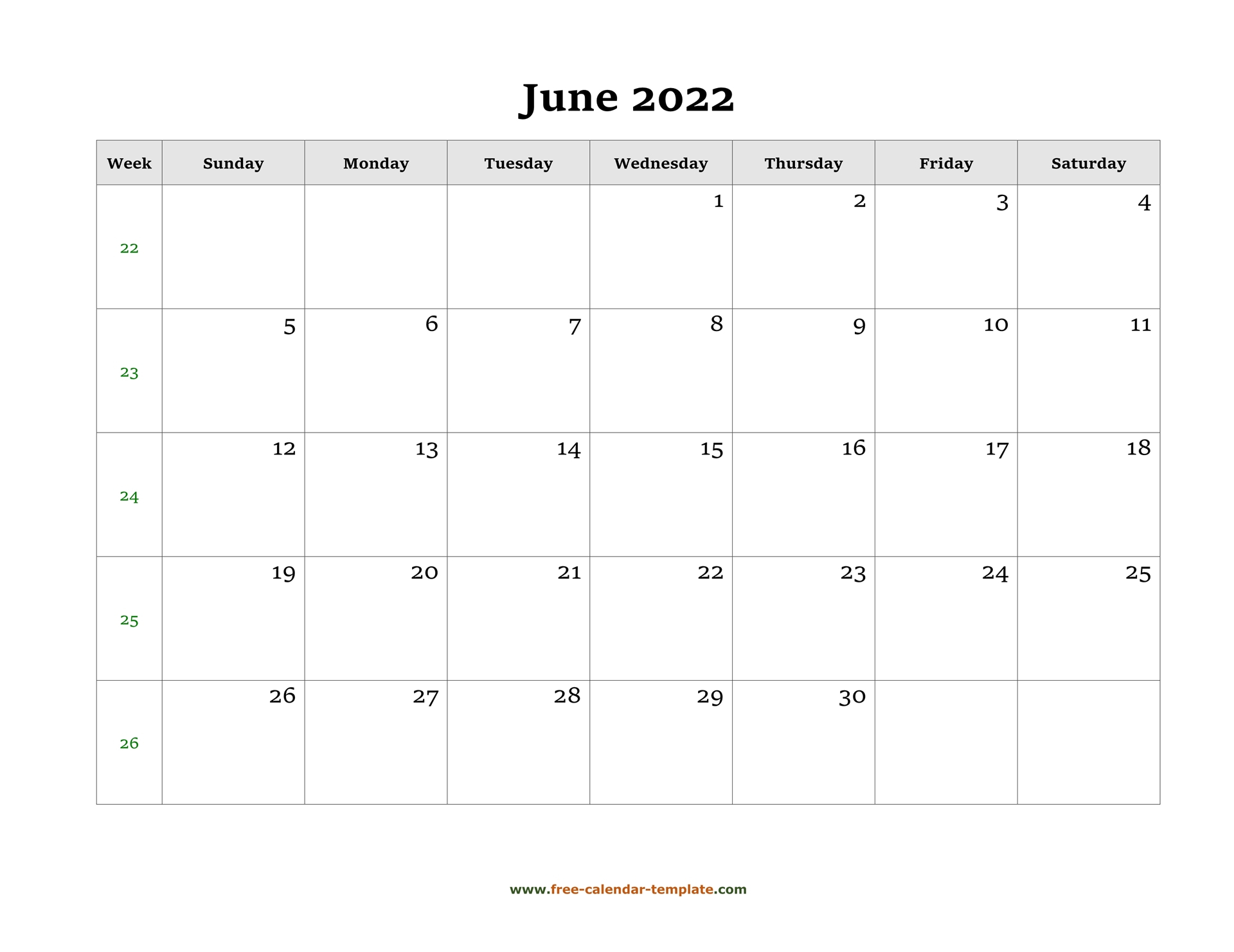 June 2022 Free Calendar Tempplate | Free-Calendar-Template